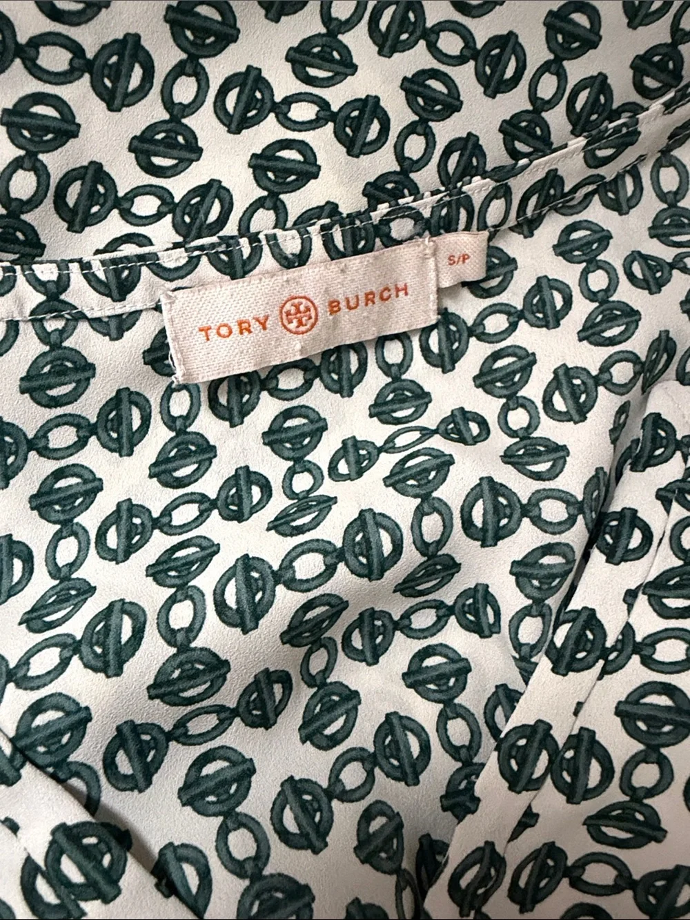 TORY BURCH Green & White Patterned Short Sleeve Split-Neck Top Size S